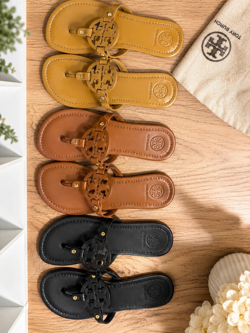 Tory Burch Leather Circle-Logo Thong Sandals in Black, Brown, Mustard